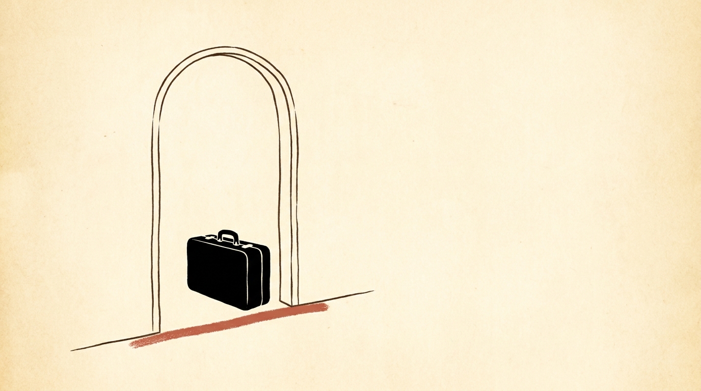 Editorial illustration of an arched threshold with a single suitcase silhouette just inside, and a small brick-red line marking the foundation