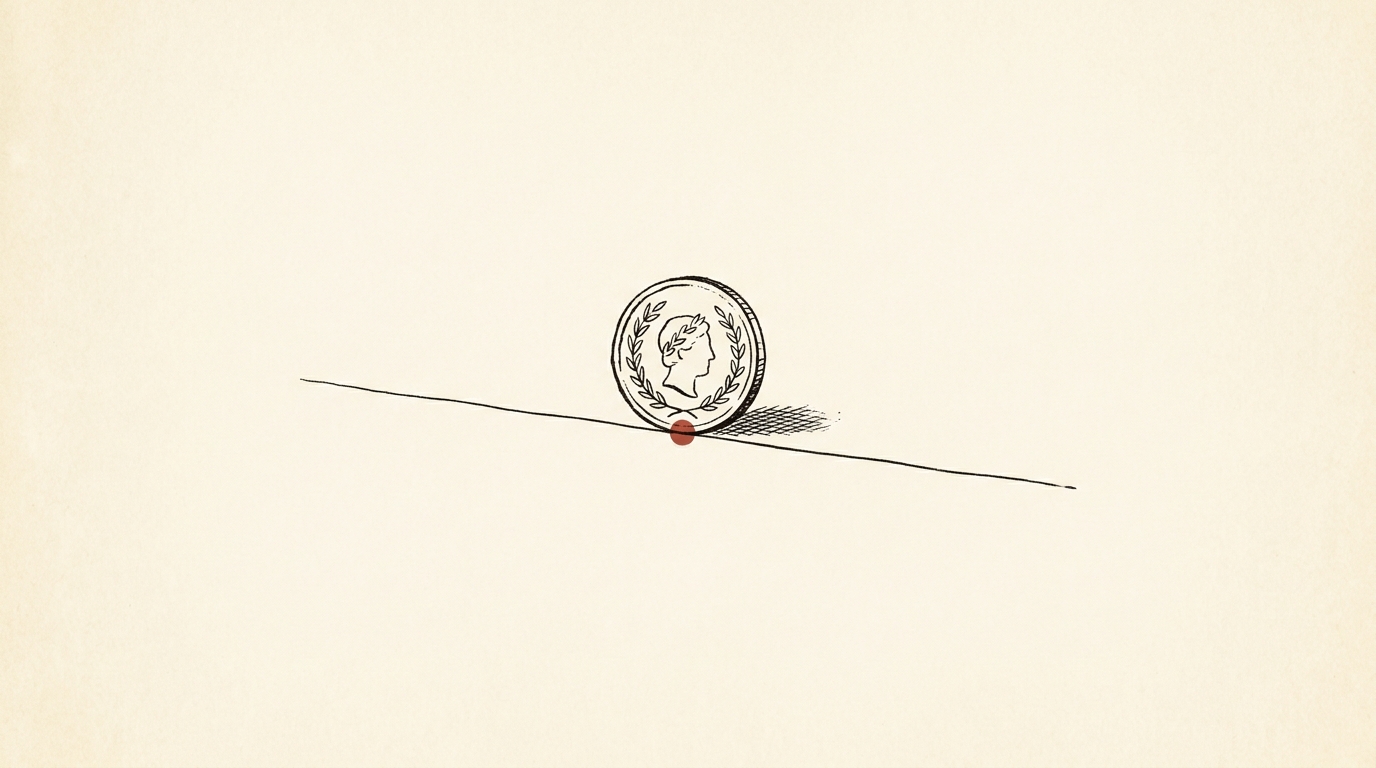 Editorial illustration of a single coin balanced on its edge on a fine ink line, with a brick-red accent at the balance point