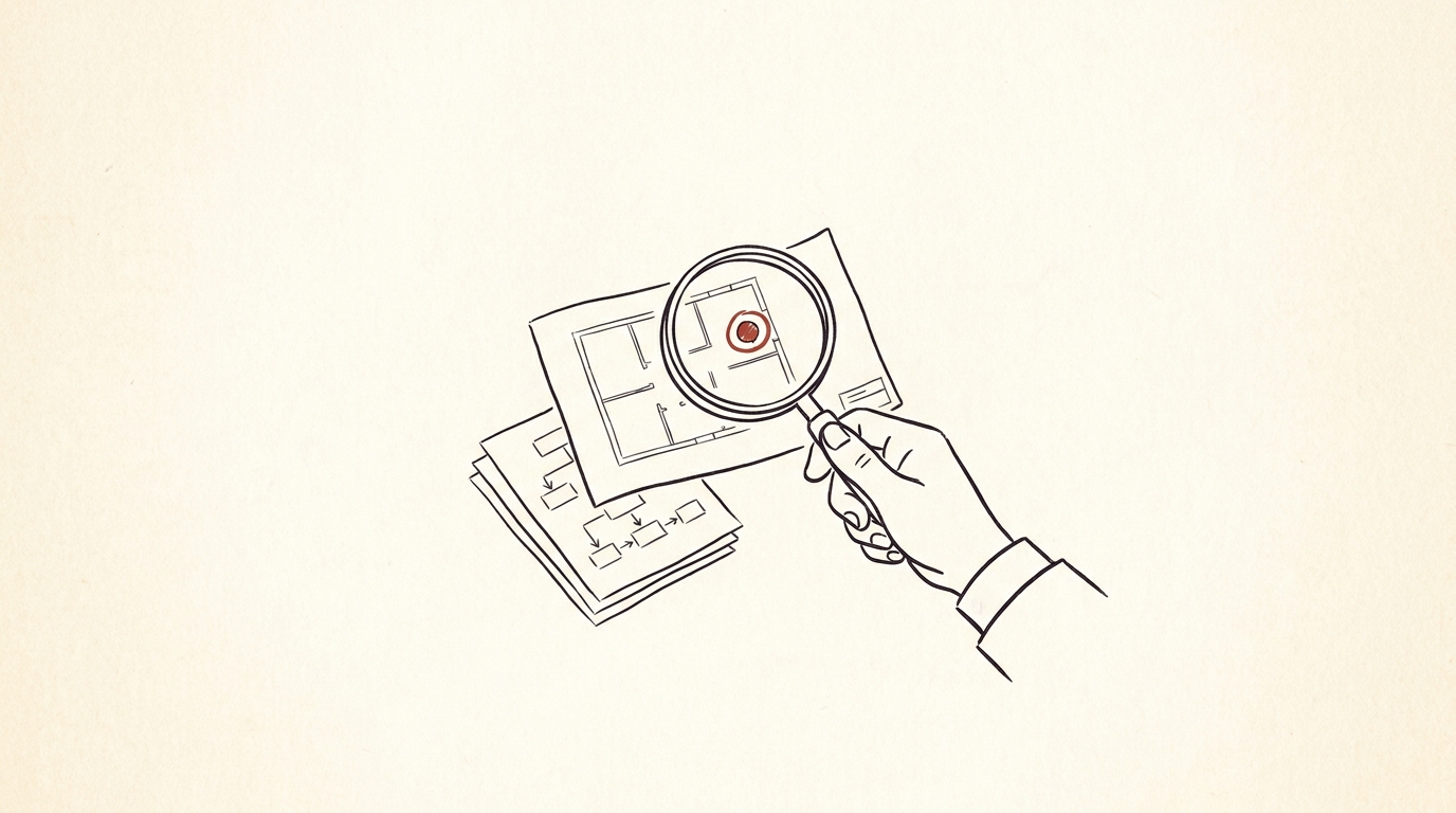 Editorial line-art illustration of a hand holding a magnifying glass over a small stacked diagram, one element highlighted in muted brick-red, on warm parchment.
