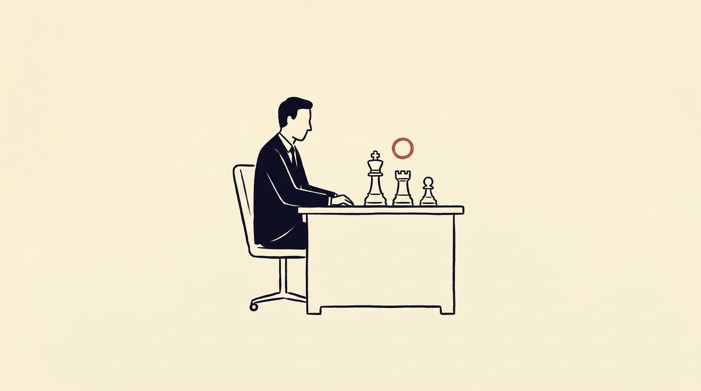 Editorial line illustration of a seated figure at a desk considering three chess pieces of different sizes, with a small brick-red mark on the middle piece.