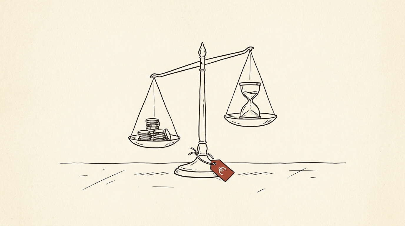 Editorial line illustration of a balance scale with coins in one pan and an hourglass in the other, on a plain desk.