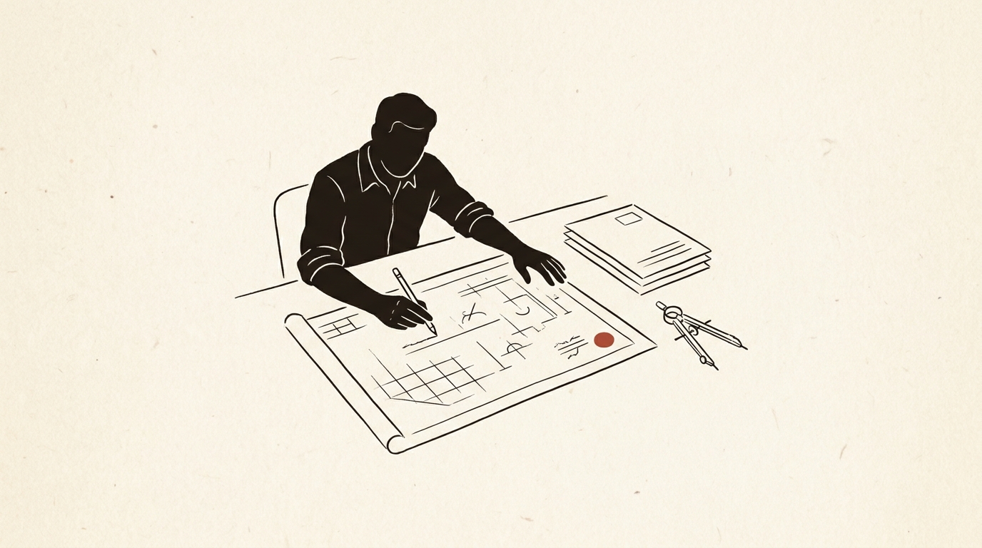 Editorial line illustration of a seated figure at a desk marking a blueprint, with a compass and documents nearby.