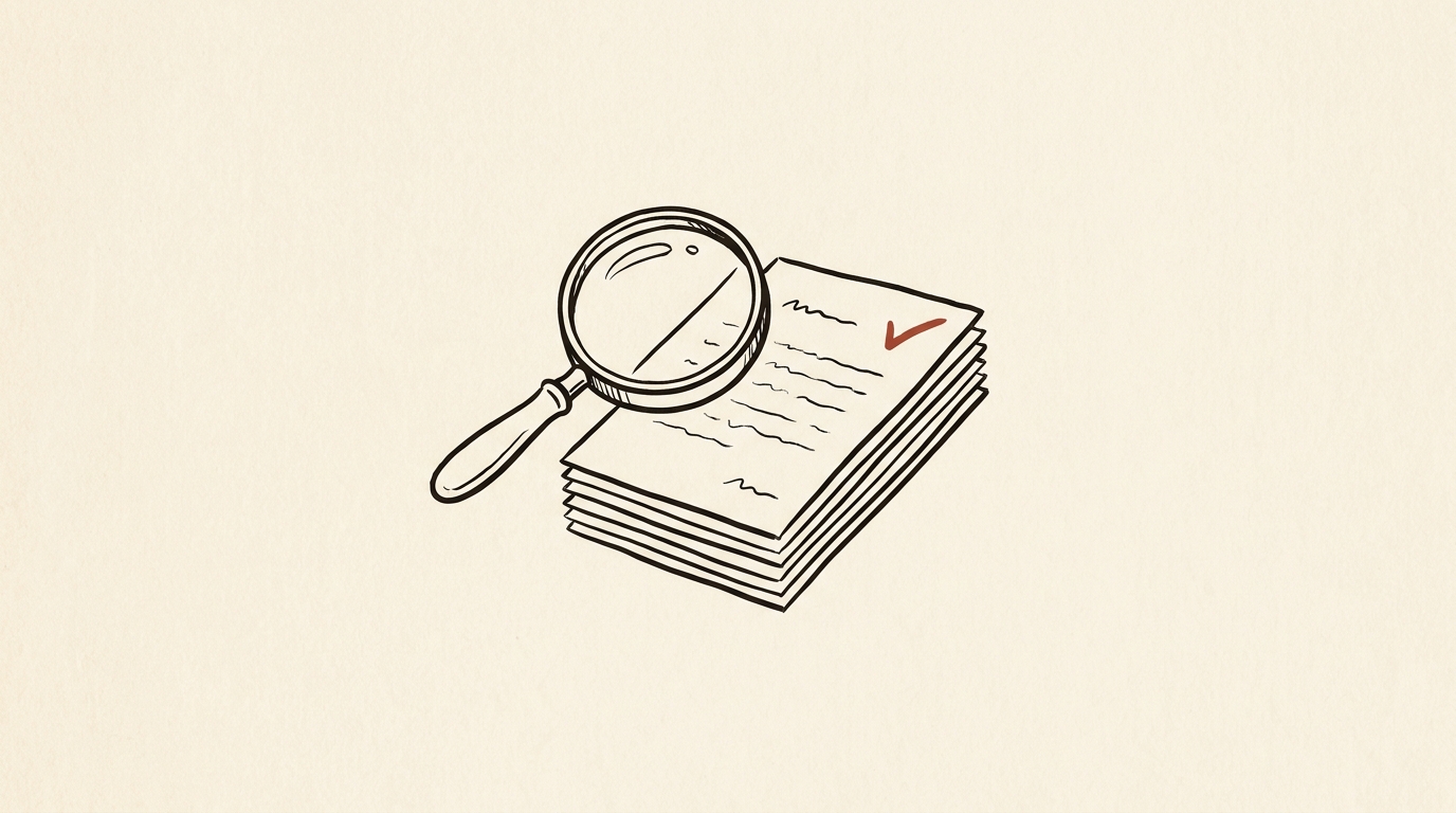 An editorial line-art magnifying glass hovering over a stack of R&D application documents, single brick-red check mark on the top page