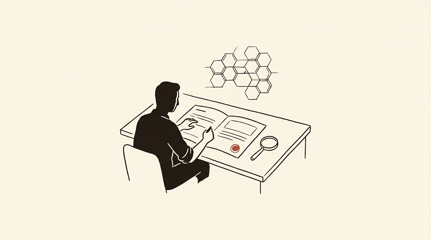 Editorial line illustration of a consultant working over an open document, with a small stamp of approval in muted brick red