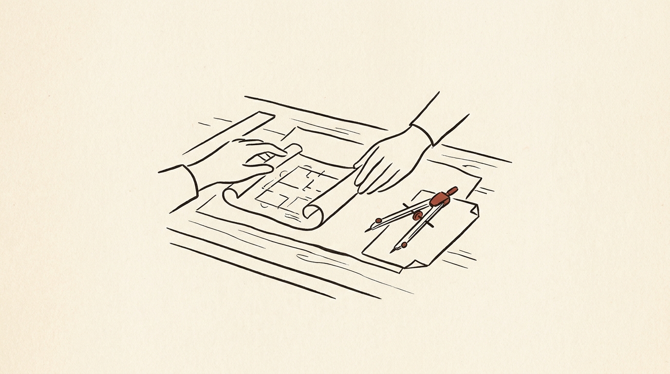 Editorial line illustration of hands reshaping a blueprint on a desk, with a small brick-red compass needle nearby